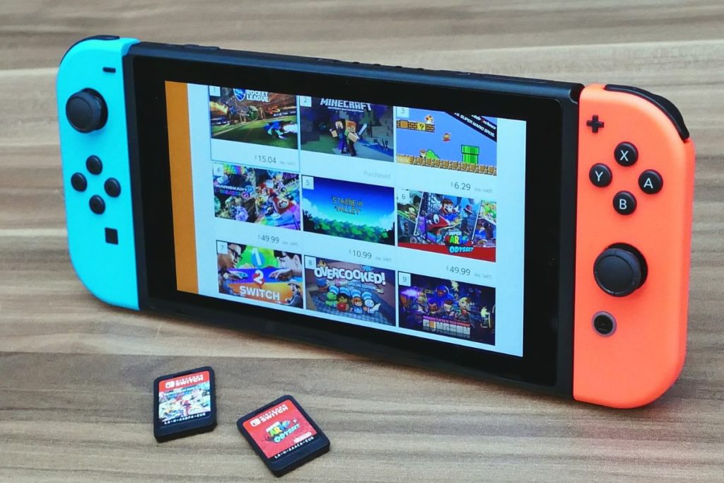 Nintendo switch console and game cartridges